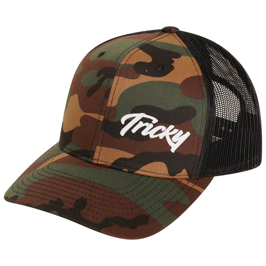 TRICKY SMALL LOGO 6 PANEL MESH TRUCKER CAP CAMO