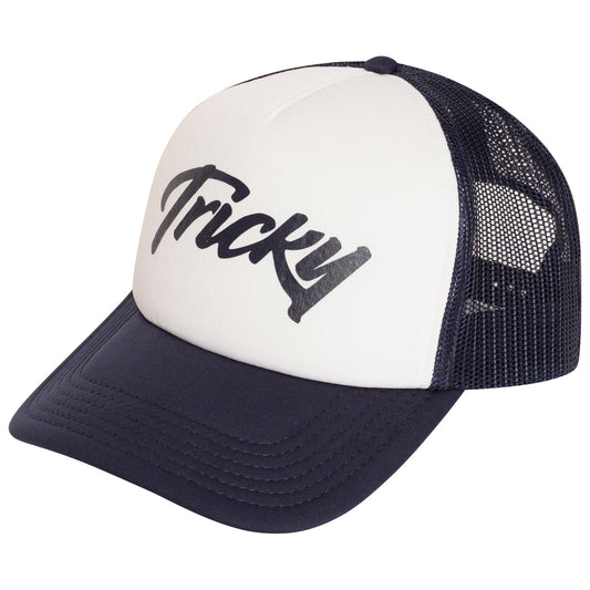 TRICKY LARGE LOGO 5 PANEL FOAM TRUCKER CAP WHITE NAVY