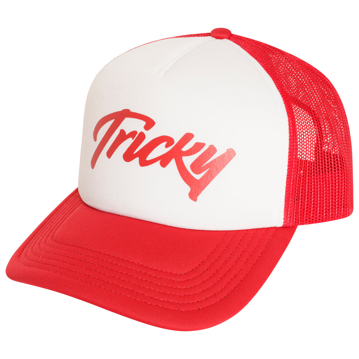 TRICKY LARGE LOGO 5 PANEL FOAM TRUCKER CAP WHITE RED