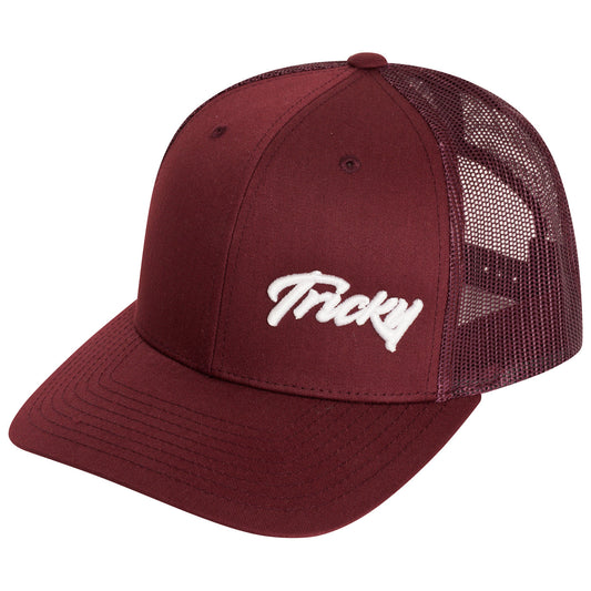 TRICKY SMALL LOGO 6 PANEL MESH TRUCKER CAP BURGUNDY