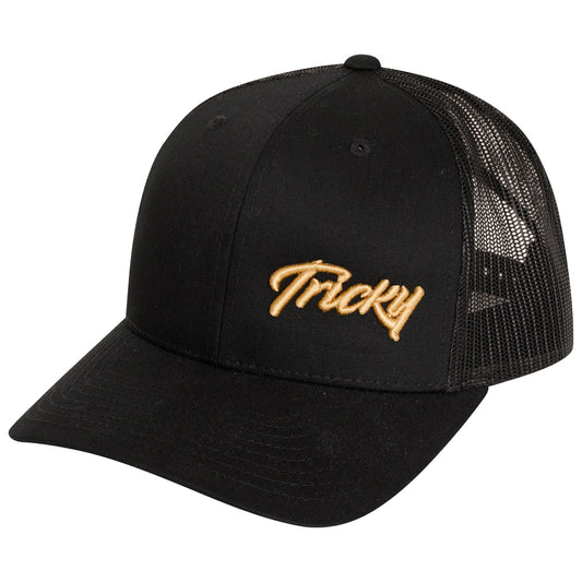 TRICKY SMALL LOGO 6 PANEL MESH TRUCKER CAP BLACK GOLD