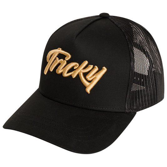 TRICKY LARGE LOGO 6 PANEL MESH TRUCKER CAP BLACK GOLD - THE "HARKER"