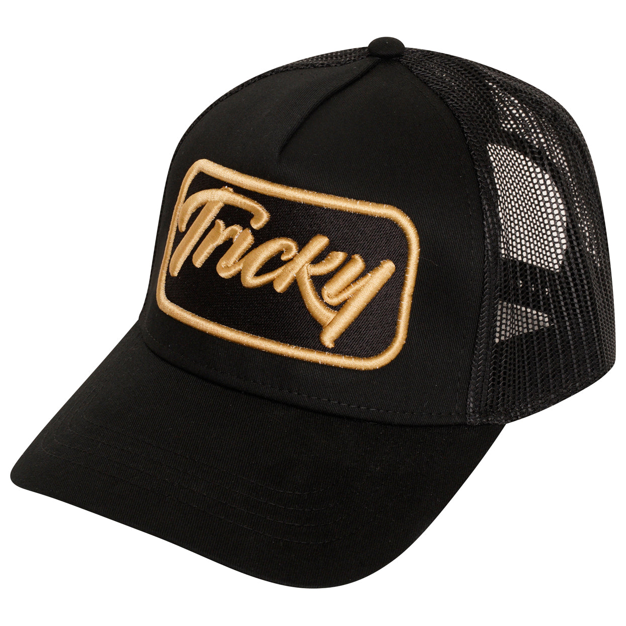 TRICKY PLATE LOGO MESH TRUCKER CAP BLACK GOLD