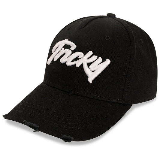 TRICKY LARGE LOGO DISTRESSED COTTON 5 PANEL CAP BLACK