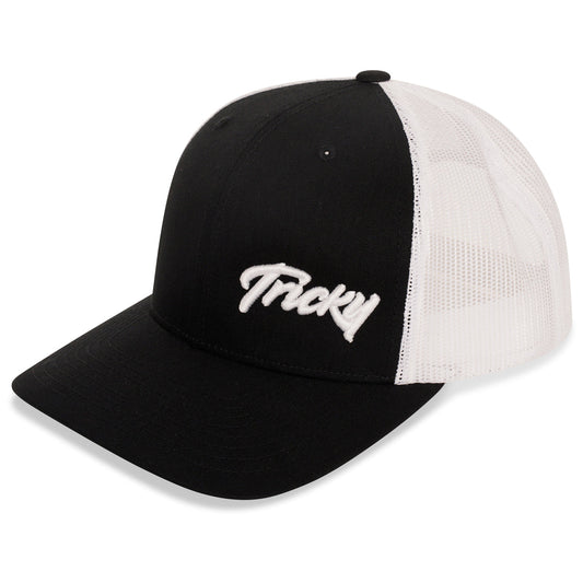 TRICKY SMALL LOGO 6 PANEL MESH TRUCKER CAP BLACK WHITE