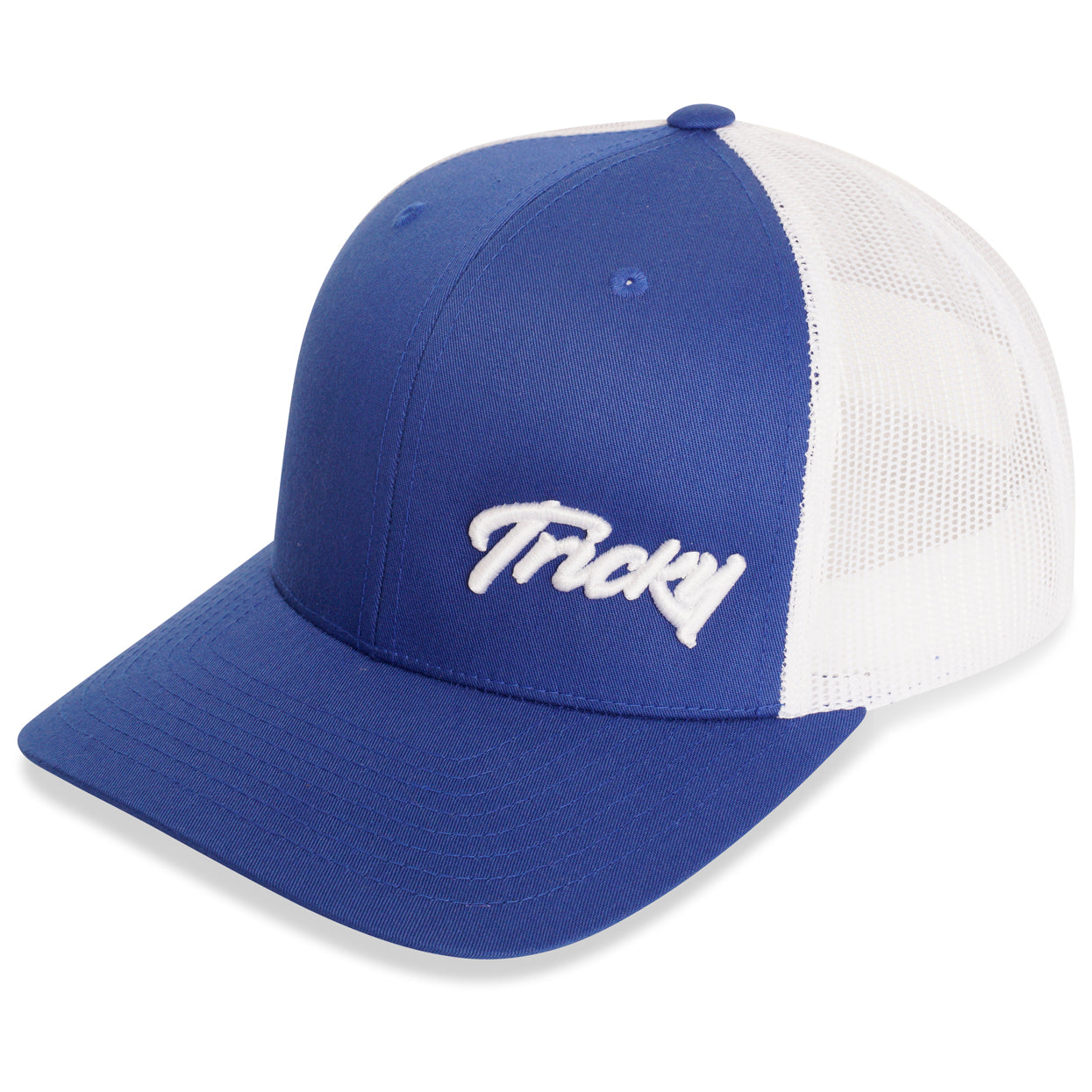 TRICKY SMALL LOGO 6 PANEL MESH TRUCKER CAP COBALT WHITE