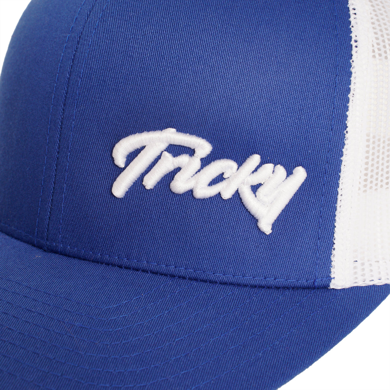 TRICKY SMALL LOGO 6 PANEL MESH TRUCKER CAP COBALT WHITE