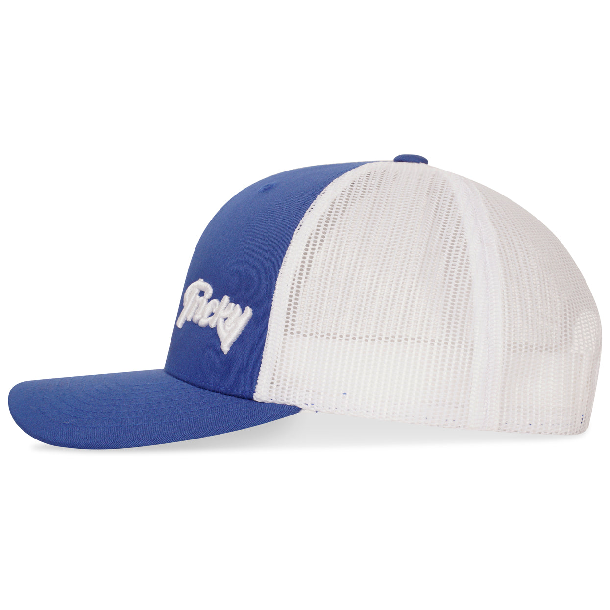 TRICKY SMALL LOGO 6 PANEL MESH TRUCKER CAP COBALT WHITE