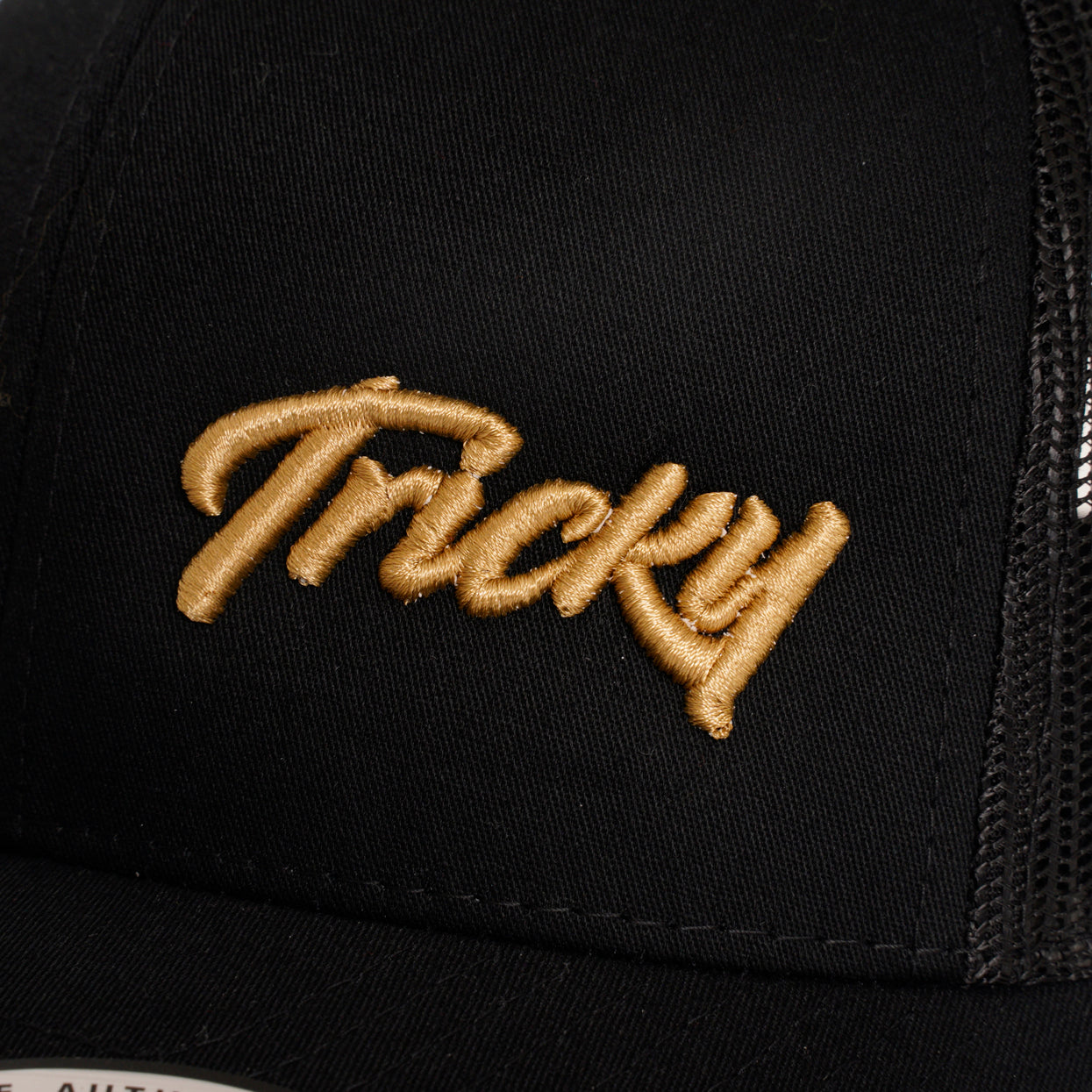 TRICKY SMALL LOGO 6 PANEL MESH TRUCKER CAP BLACK GOLD