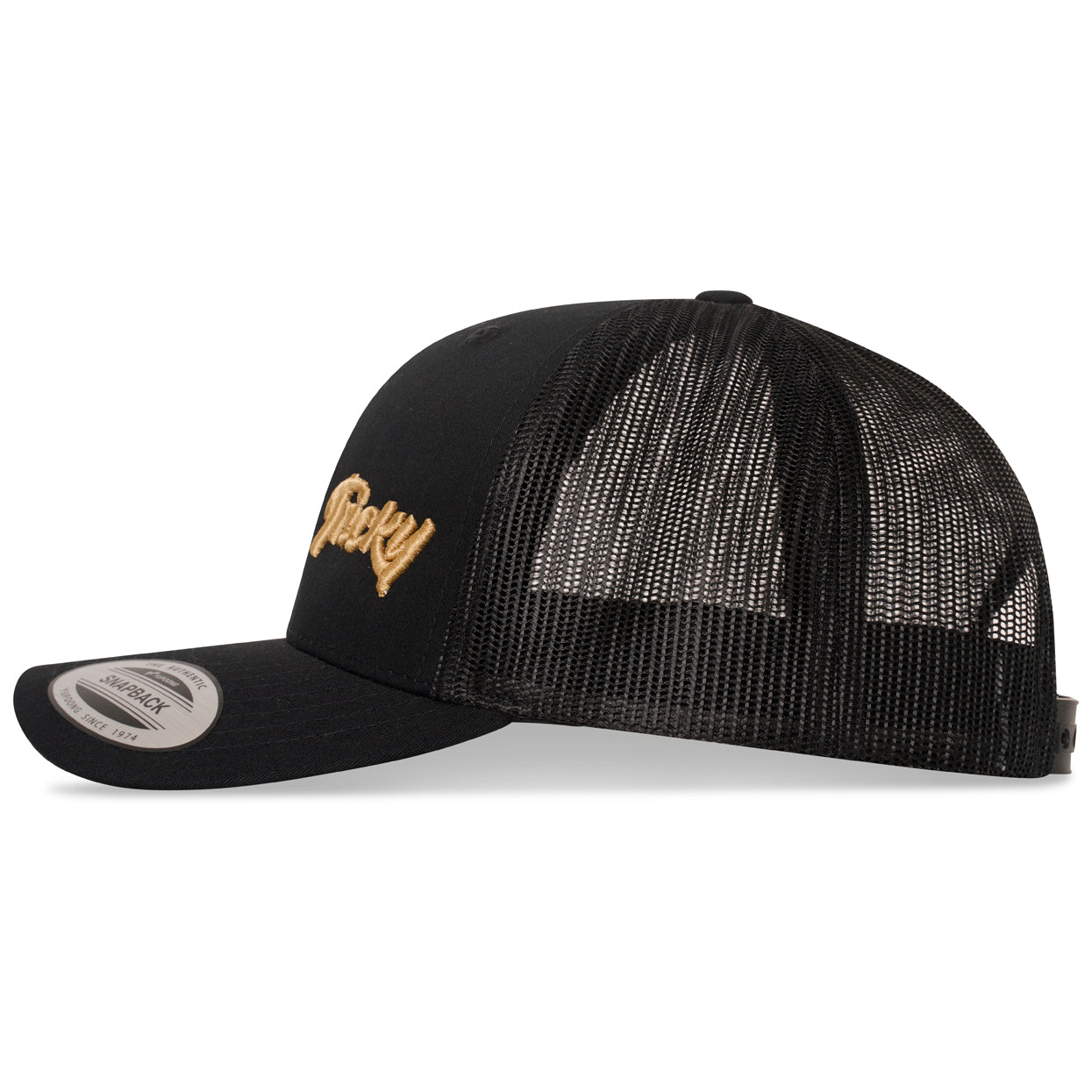 TRICKY SMALL LOGO 6 PANEL MESH TRUCKER CAP BLACK GOLD