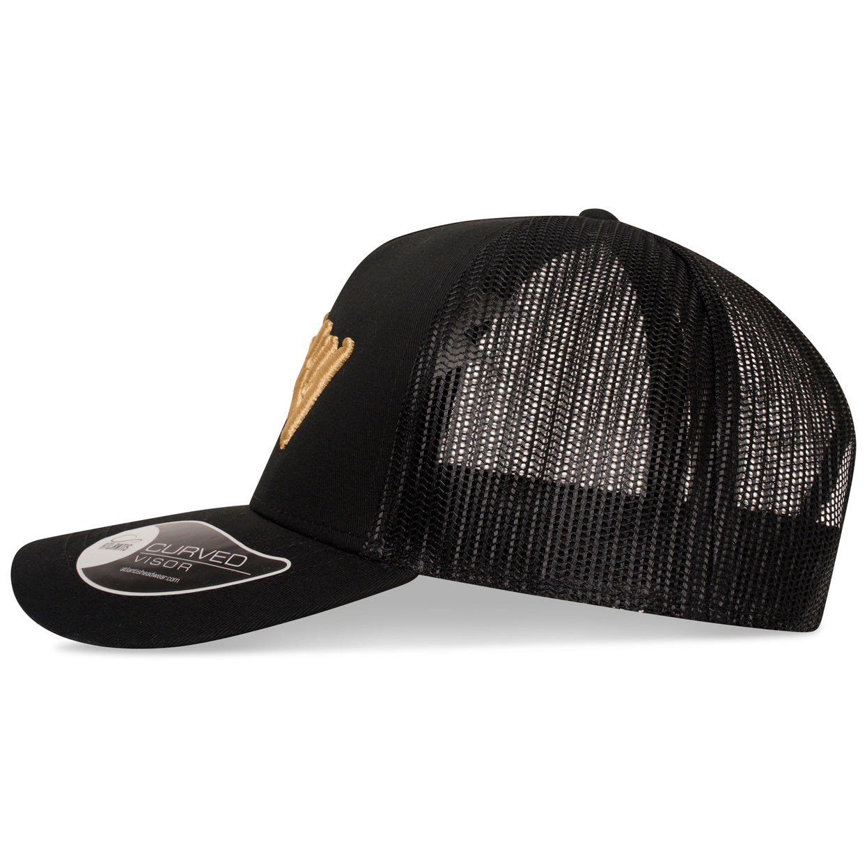 TRICKY LARGE LOGO 6 PANEL MESH TRUCKER CAP BLACK GOLD - THE "HARKER"