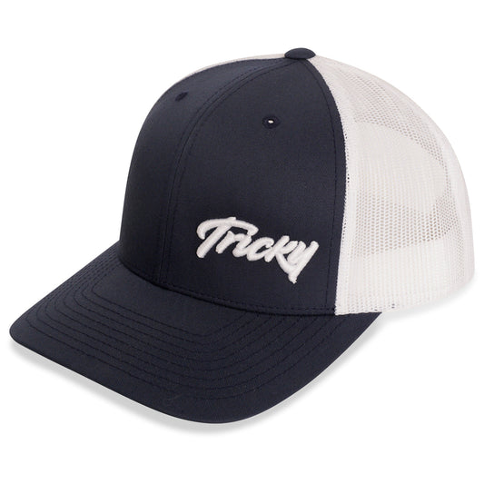 TRICKY SMALL LOGO 6 PANEL MESH TRUCKER CAP NAVY WHITE