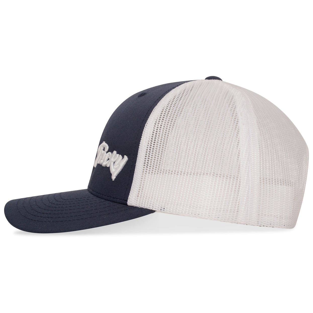 TRICKY SMALL LOGO 6 PANEL MESH TRUCKER CAP NAVY WHITE