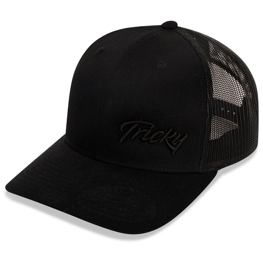 TRICKY SMALL LOGO 6 PANEL MESH TRUCKER CAP BLACK BLACK