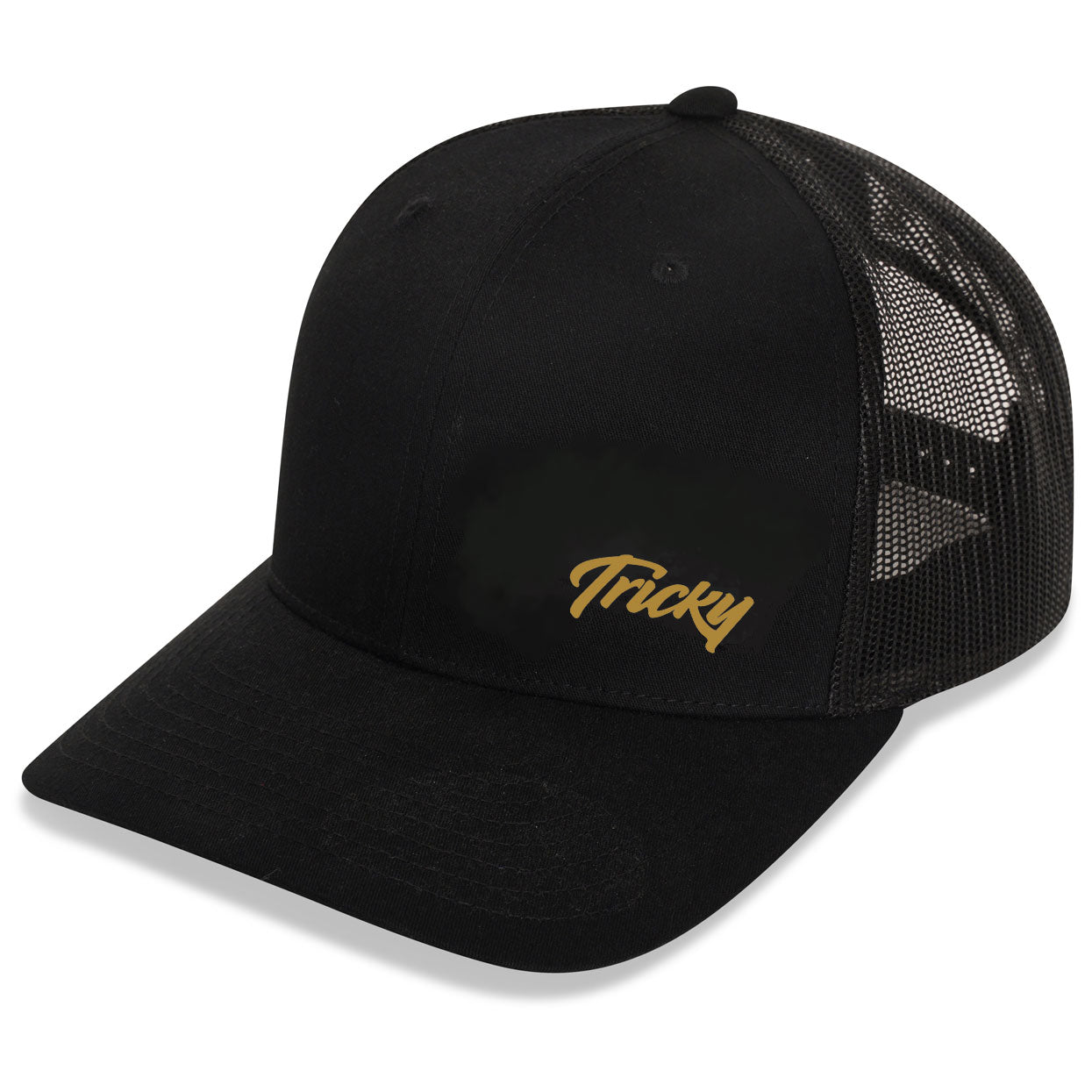 TRICKY SMALL LOGO 6 PANEL MESH TRUCKER CAP BLACK GOLD